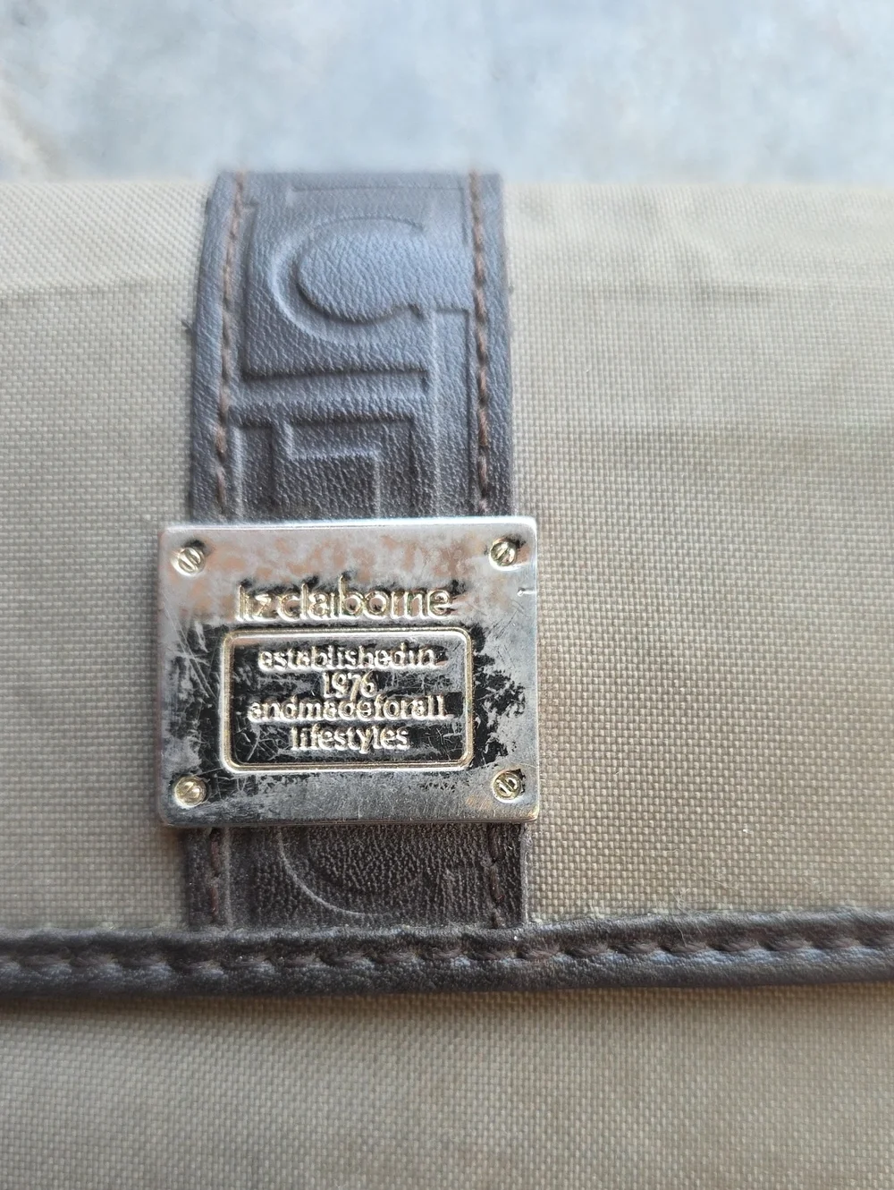 Liz Claiborne Tan and Brown Canvas Messenger with Metal Logo Plaque